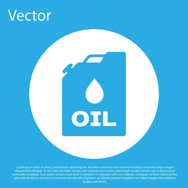 Bote de plástico azul para el icono del aceite de la máquina de motor aislado sobre fondo azul. Un galón de aceite. Servicio de cambio de aceite y reparación. Signo de aceite del motor. Botón círculo blanco. Ilustración vectorial — Vector de stock