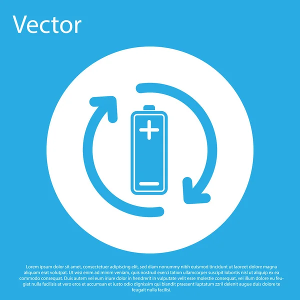 Синий аккумулятор с иконкой линии символов, изолированной на синем фоне. Батарея с символом утилизации - концепция возобновляемой энергии. Кнопка белого круга. Векторная миграция — стоковый вектор