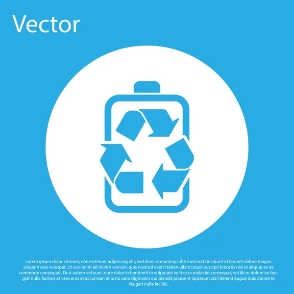 Bateria azul com ícone de linha de símbolo de reciclagem isolado no fundo azul. Bateria com símbolo de reciclagem - conceito de energia renovável. Botão de círculo branco. Ilustração vetorial — Vetor de Stock