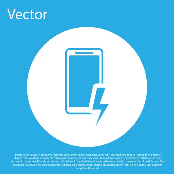 Azul Smartphone carga icono de la batería aislado sobre fondo azul. Teléfono con una carga de batería baja. Botón círculo blanco. Ilustración vectorial — Vector de stock