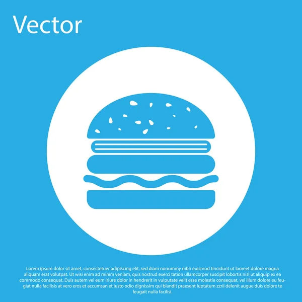 Ícone Blue Burger isolado no fundo azul. Ícone de hambúrguer. Sinal de sanduíche de hambúrguer de queijo. Botão de círculo branco. Ilustração vetorial — Vetor de Stock