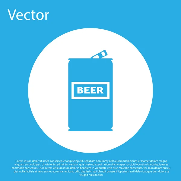Ícone lata de cerveja azul isolado no fundo azul. Botão de círculo branco. Ilustração vetorial — Vetor de Stock
