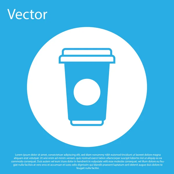 Icono de taza de café azul aislado sobre fondo azul. taza de café desechable con café caliente. Botón círculo blanco. Ilustración vectorial — Vector de stock