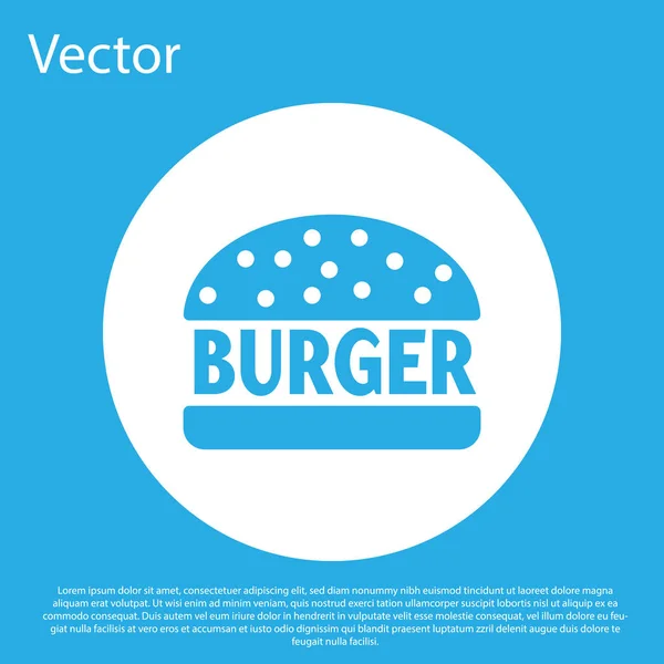 Ícone Blue Burger isolado no fundo azul. Ícone de hambúrguer. Sinal de sanduíche de hambúrguer de queijo. Botão de círculo branco. Ilustração vetorial — Vetor de Stock