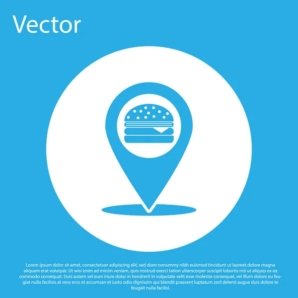 Ponteiro de mapa azul com ícone de hambúrguer fast food isolado no fundo azul. Botão de círculo branco. Ilustração vetorial — Vetor de Stock