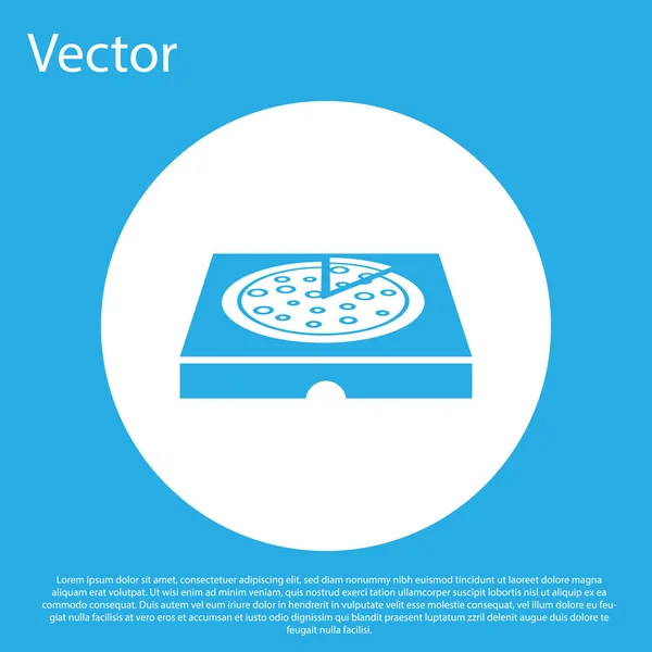 Blue Pizza in cardboard box icon isolated on blue background. Box with layout elements. White circle button. Vector Illustration — Stock Vector