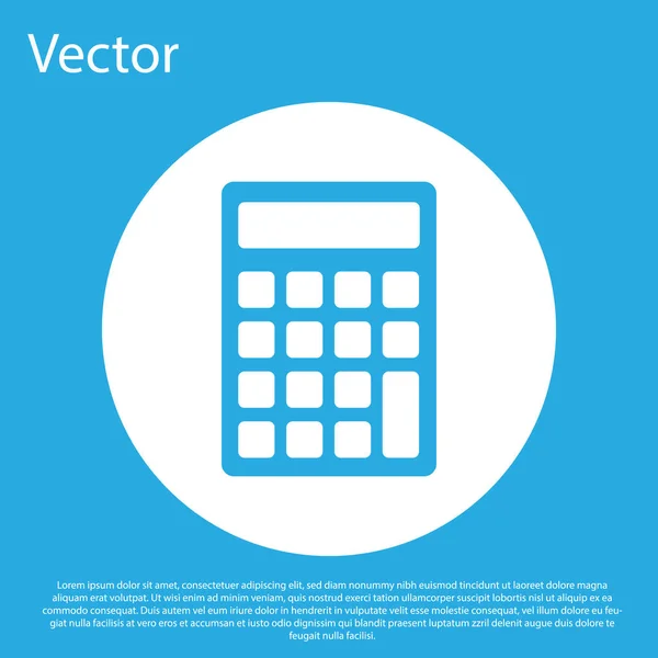 Blauwe rekenmachine pictogram geïsoleerd op blauwe achtergrond. Boek houdings symbool. Bedrijfs berekeningen wiskunde onderwijs en Financiën. Witte cirkel knop. Plat ontwerp. Vector illustratie — Stockvector