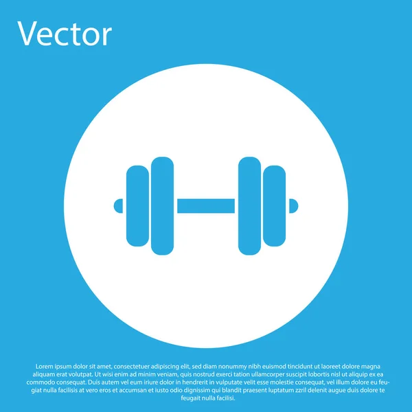 Blue Dumbbell icon isolated on blue background. Muscle lifting icon, fitness barbell, gym icon, sports equipment symbol, exercise bumbbell. White circle button. Flat design. Vector Illustration — Stock Vector
