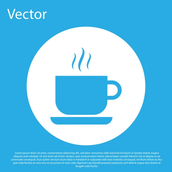 Ícone copo de café azul isolado no fundo azul. Uma chávena. Café quente. Botão de círculo branco. Design plano. Ilustração vetorial — Vetor de Stock