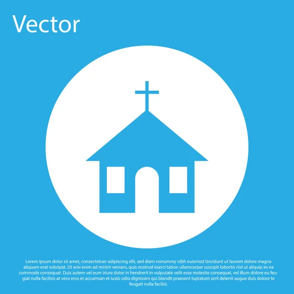 Ícone de construção da Igreja Azul isolado no fundo azul. Igreja Cristã. Religião da igreja. Botão de círculo branco. Design plano. Ilustração vetorial — Vetor de Stock