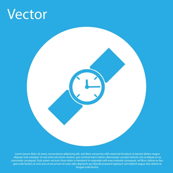Blaues Armbanduhr-Symbol isoliert auf blauem Hintergrund. Armbanduhr-Symbol. weißer Kreis-Knopf. flache Bauweise. Vektorillustration — Stockvektor