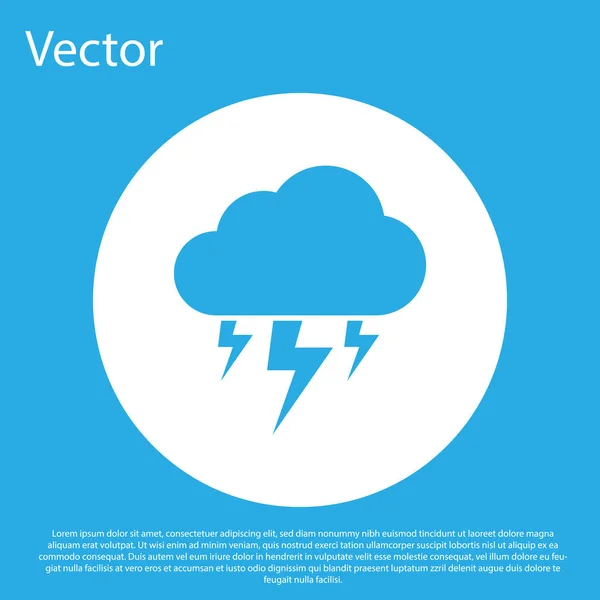 Blaues Sturmsymbol isoliert auf blauem Hintergrund. Wolke und Blitz. Wetter-Ikone Sturm. weißer Kreis-Knopf. flache Bauweise. Vektorillustration — Stockvektor