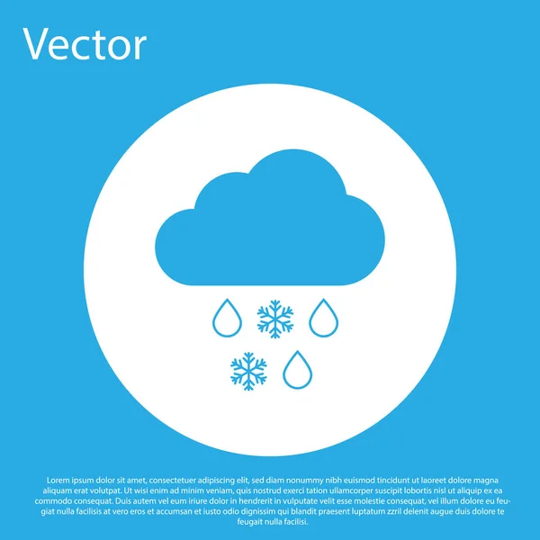 Blaue Wolke mit Schnee- und Regensymbol auf blauem Hintergrund. Wettersymbol. weißer Kreis-Knopf. flache Bauweise. Vektorillustration — Stockvektor