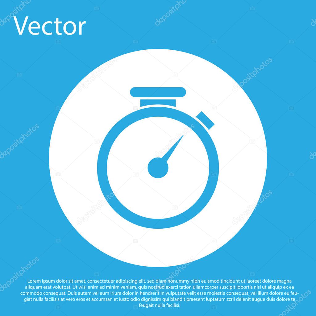 Blue Stopwatch icon isolated on blue background. Time timer sign. White circle button. Flat design. Vector Illustration