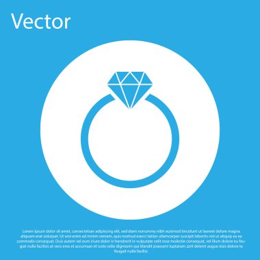 Mavi arka planda izole Mavi Elmas nişan yüzüğü simgesi. Beyaz daire düğmesi. Düz tasarım. Vektör İllüstrasyonu