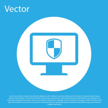 Mavi Bilgisayar monitörü ve kalkan simgesi mavi arka planda yalıtılmış. Bilgisayar güvenliği, güvenlik duvarı teknolojisi, internet gizlilik güvenliği veya virüsten koruma. Beyaz daire düğmesi. Düz tasarım. Vektör İllüstrasyonu