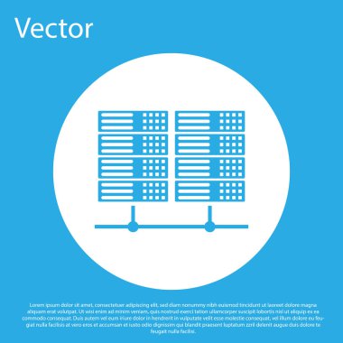 Mavi Sunucu, Veri, Web Barındırma simgesi mavi arka planda yalıtılmış. Beyaz daire düğmesi. Düz tasarım. Vektör İllüstrasyonu