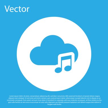 Mavi arka planda yalıtılmış Blue Music akış hizmeti simgesi. Ses bulut bilgi işlem, online medya akışı, online şarkı, ses dalgası. Beyaz daire düğmesi. Düz tasarım. Vektör İllüstrasyonu