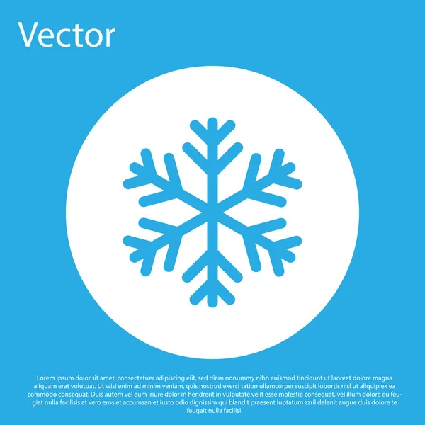 Icono de copo de nieve azul aislado sobre fondo azul. Botón círculo blanco. Diseño plano. Ilustración vectorial — Vector de stock