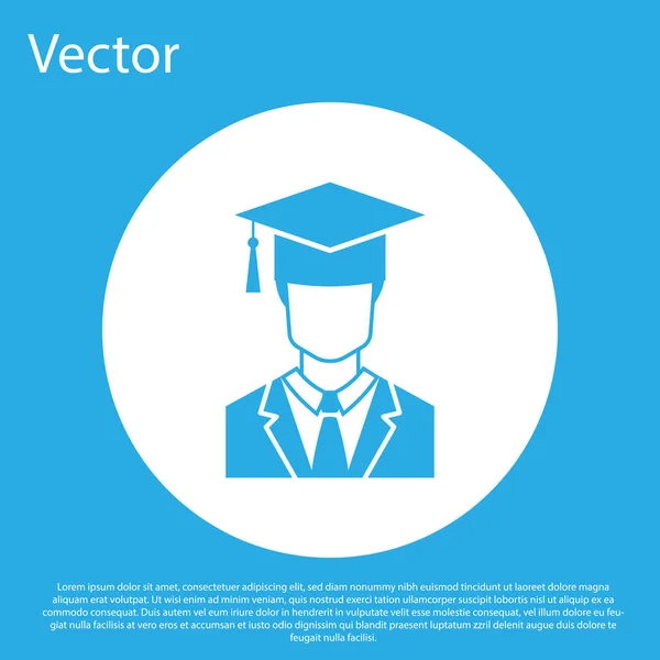 Bleu profil d'étudiant diplômé masculin avec robe et icône de casquette de graduation isolé sur fond bleu. Bouton rond blanc. Design plat. Illustration vectorielle — Image vectorielle