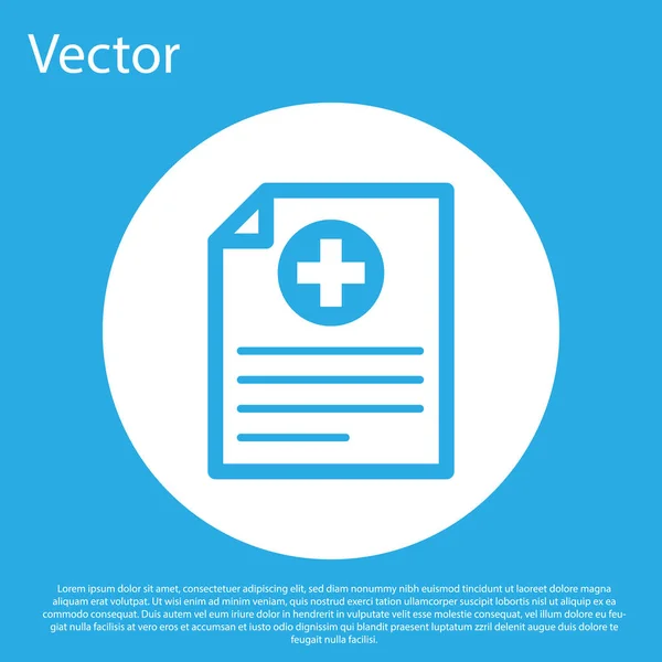 Área de transferência médica azul com ícone de registro clínico no fundo azul. Formulário de seguro de saúde. Documento: prescrição, relatório de marcas de verificação médica. Botão de círculo branco. Design plano. Ilustração vetorial — Vetor de Stock