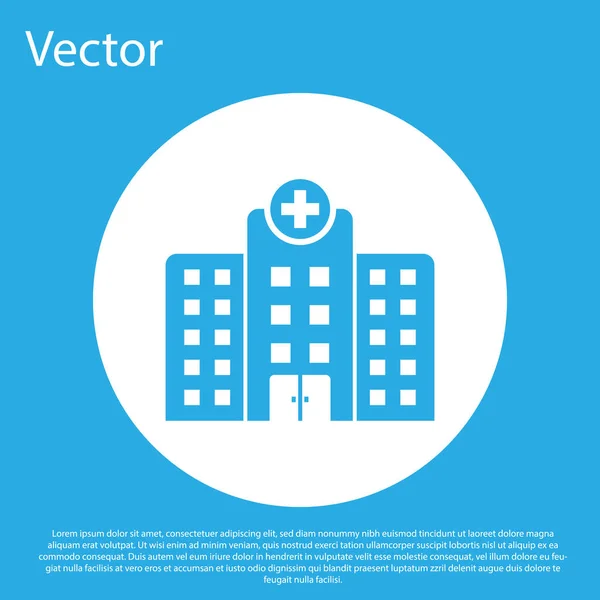 Edifício hospital médico azul com ícone de cruz isolado no fundo azul. Centro médico. Saúde. Botão de círculo branco. Design plano. Ilustração vetorial —  Vetores de Stock