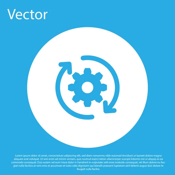 Engrenagem azul e setas como ícone de conceito de fluxo de trabalho isolado no fundo azul. Placa de recarga de engrenagem. Botão de círculo branco. Design plano. Ilustração vetorial — Vetor de Stock