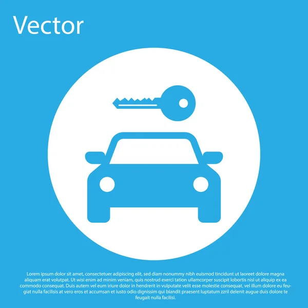 Blue Car icono de alquiler aislado sobre fondo azul. Alquilar una señal de coche. Llave con coche. Concepto para servicio de reparación de automóviles, tienda de repuestos. Botón círculo blanco. Diseño plano. Ilustración vectorial — Vector de stock