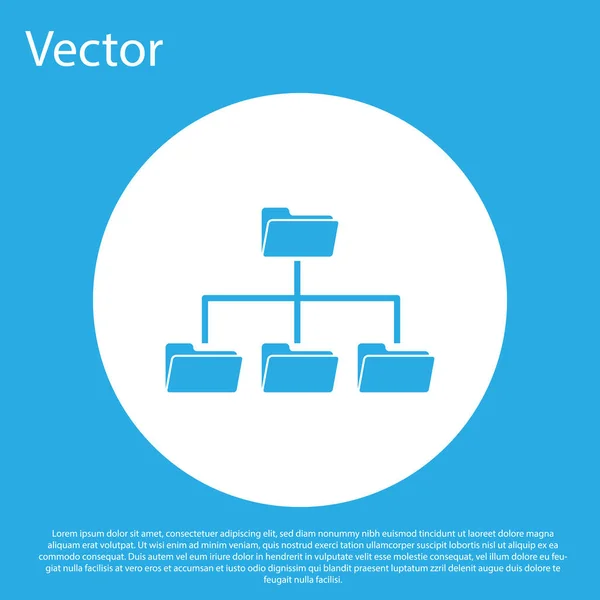 Blaues Ordnerbaumsymbol isoliert auf blauem Hintergrund. Computernetzwerk Ordner Organisationsstruktur Flussdiagramm. weißer Kreis-Knopf. flache Bauweise. Vektorillustration — Stockvektor