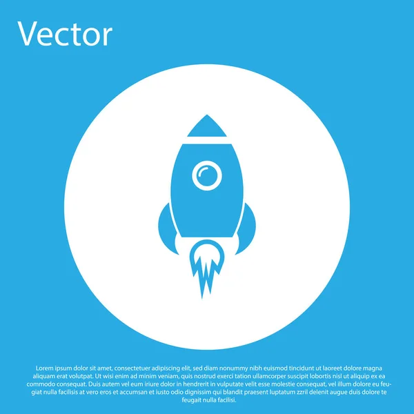 Blue Rocket ship with fire icon isolated on blue background. Space travel. White circle button. Flat design. Vector Illustration
