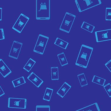 Mavi cep telefonu ve alışveriş arabası ikonu mavi arka planda izole edilmiş pürüzsüz desen. İnternetten satın alma sembolü. Süpermarket sepeti sembolü. Vektör İllüstrasyonu