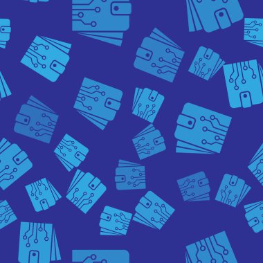 Mavi Cryptocurrency cüzdan simgesi mavi arka plan üzerinde sorunsuz desen izole. Cüzdan ve bitcoin işareti. Madencilik konsepti. Para, ödeme, nakit, ödeme simgesi. Vektör İllüstrasyonu