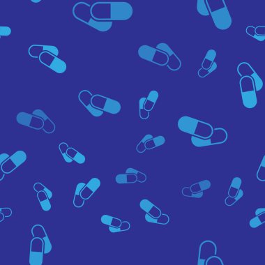 Mavi Tıp hap veya tablet simgesi mavi arka plan üzerinde izole sorunsuz desen. Kapsül hapı ve ilaç işareti. Eczane tasarımı. Vektör İllüstrasyonu