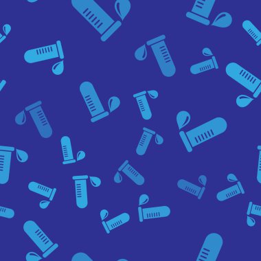 Mavi Test tüpü veya şişe kan simgesi damla mavi arka plan üzerinde izole dikişsiz desen. Laboratuvar, kimyasal, bilimsel cam işareti. Vektör İllüstrasyonu