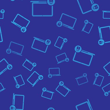 Mavi Laptop ve kilit simgesi mavi arka plan üzerinde sorunsuz desen izole. Bilgisayar ve asma kilit. Güvenlik, güvenlik, koruma konsepti. Güvenli internet çalışması. Vektör İllüstrasyonu
