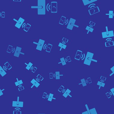 Mavi arka plan üzerinde izole simge yalıtılmış sorunsuz desen kilidini açmak için kablosuz teknolojisi ile Mavi Dijital kapı kilidi. Kapı kolu işareti. Kavramın güvenlik akıllı ev. Vektör İllüstrasyonu