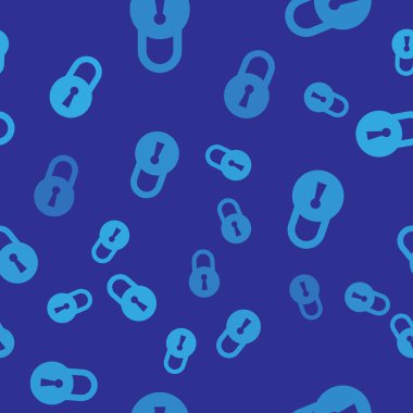 Mavi Kilit simgesi mavi arka plan üzerinde yalıtılmış kesintisiz desen. Asma kilit işareti. Güvenlik, güvenlik, koruma, gizlilik kavramı. Vektör İllüstrasyonu