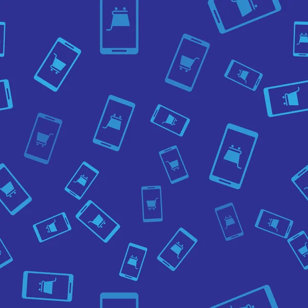Синий мобильный телефон и иконка картриджа для покупок изолированы узор без печати на синем фоне. Символ онлайн-покупки. Символ супермаркета. Векторная миграция — стоковый вектор