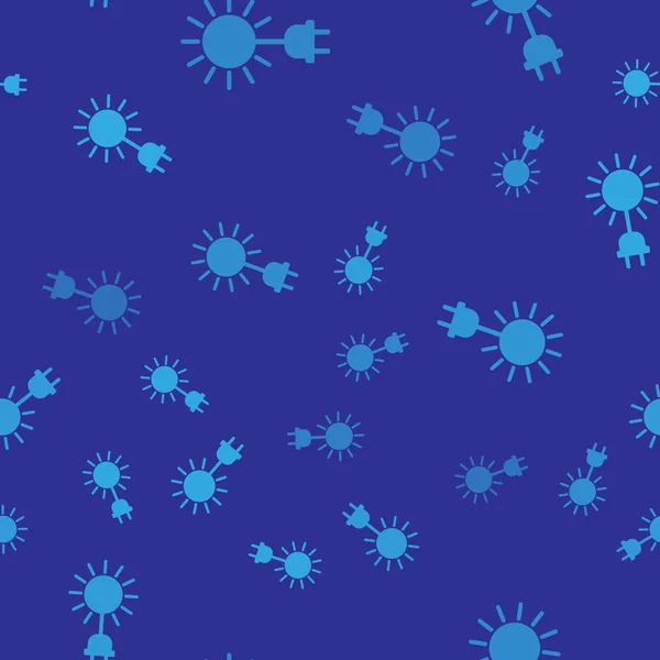 電気プラグアイコンとブルーサンは、青い背景にシームレスなパターンを隔離しました。省エネコンセプト。ベクトルイラストレーション — ストックベクタ