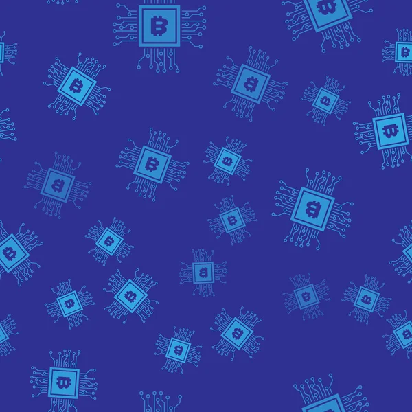 Icono de la granja minera CPU azul aislado patrón sin costura sobre fondo azul. Bitcoin signo dentro del procesador. Criptomoneda comunidad minera. Dinero digital. Ilustración vectorial — Vector de stock