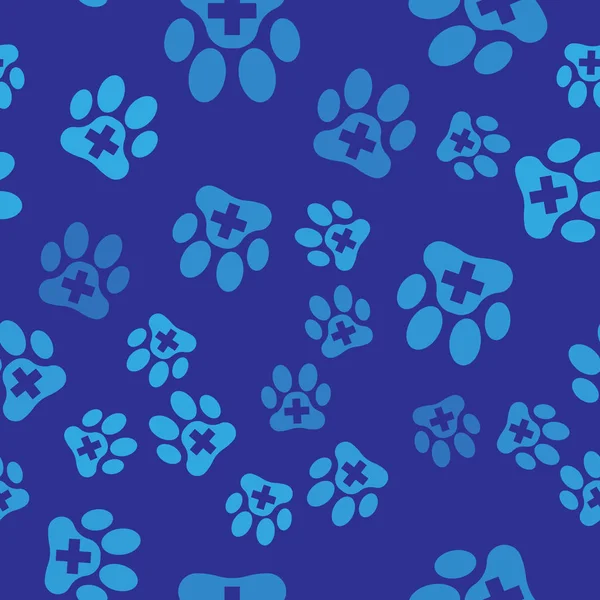 Blue Veterinary clinic symbol icon isolated seamless pattern on blue background. Cross hospital sign. A stylized paw print dog or cat. Pet First Aid sign. Vector Illustration