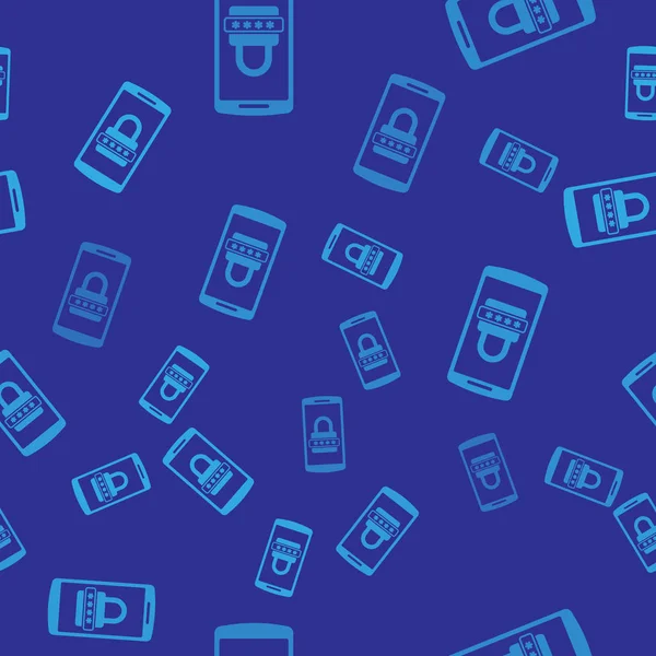 Blauwe mobiele telefoon en wachtwoord bescherming pictogram geïsoleerd naadloze patroon op blauwe achtergrond. Beveiliging, veiligheid, persoonlijke toegang, Gebruikersautorisatie, privacy. Vector illustratie — Stockvector