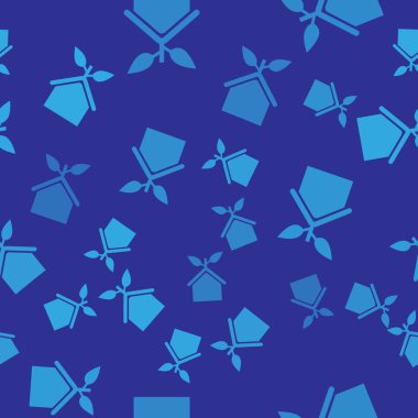 Mavi Eko dostu ev simgesi mavi arka plan üzerinde sorunsuz desen izole. Yapraklı eko ev. Vektör İllüstrasyonu