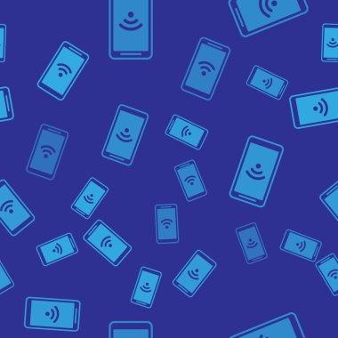 Ücretsiz wi-fi kablosuz bağlantı simgesi mavi arka plan üzerinde kesintisiz desen izole mavi Smartphone. Kablosuz teknoloji, wi-fi bağlantısı, kablosuz ağ. Vektör İllüstrasyonu