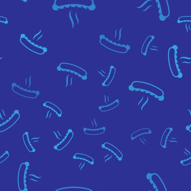 Hardal simgesi mavi arka plan üzerinde izole dikişsiz desen ile Mavi Hotdog sandviç. Sosis simgesi. Fast food işareti. Vektör İllüstrasyonu
