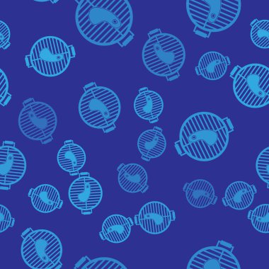 Mavi arka plan üzerinde biftek simgesi izole dikişsiz desen ile Mavi Barbekü ızgara. Barbekü ızgara partisi. Vektör İllüstrasyonu