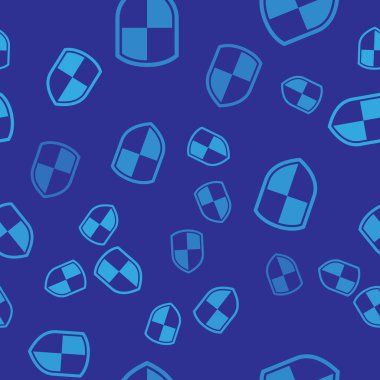 Mavi Kalkan simgesi mavi arka plan üzerinde sorunsuz desen izole. Koruma işareti. Vektör İllüstrasyonu