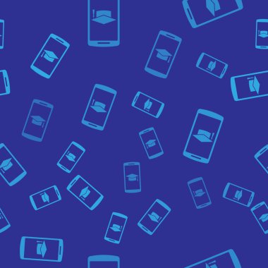 Ekran akıllı telefon simgesi mavi arka plan üzerinde sorunsuz desen izole Mavi Mezuniyet kapağı. Online öğrenme veya e-öğrenme kavramı. Vektör İllüstrasyonu