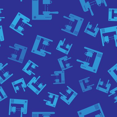 Mavi Kahve makinesi ve kahve fincanı simgesi mavi arka plan üzerinde sorunsuz desen izole. Vektör İllüstrasyonu