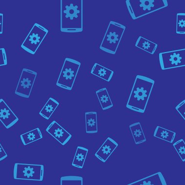 Mavi arka planda akıllı telefon ekran simgesi üzerinde Mavi Ayar kesintisiz desen. Cep telefonu ve vites işareti. Uygulamayı ayarlama, seçenekleri ayarlama, onarım, telefon kavramlarını düzeltme. Vektör İllüstrasyonu
